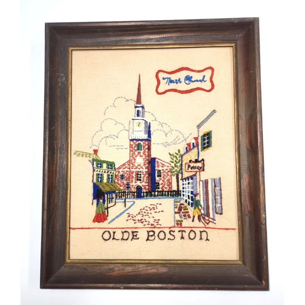 Olde Boston Old North Church Framed Needlepoint from 1969 Crewel 13 x 16